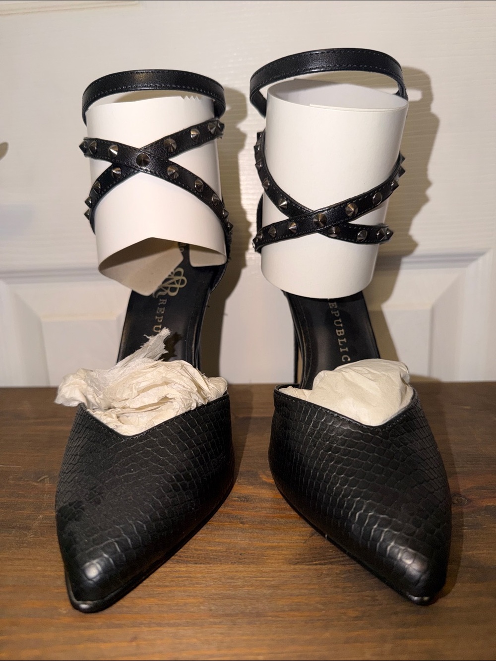 Rock & Republic Black Pointed-Toe Studded Ankle-Strap Heels